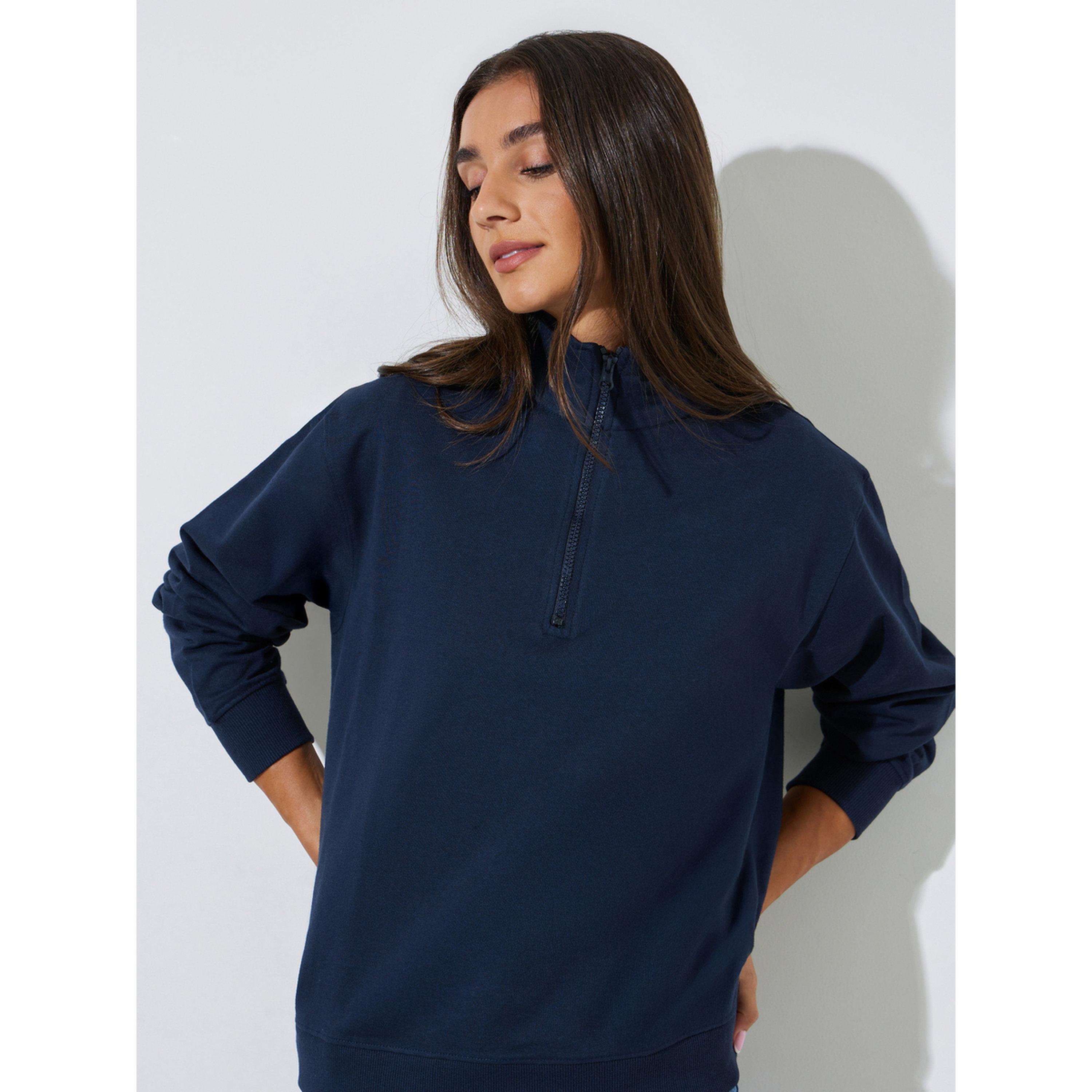 Styli Navy Blue Solid Regular Fit Half Zip Sweatshirt-women-clothing-hoodiesandsweatshirts-sweatshirts-image-4