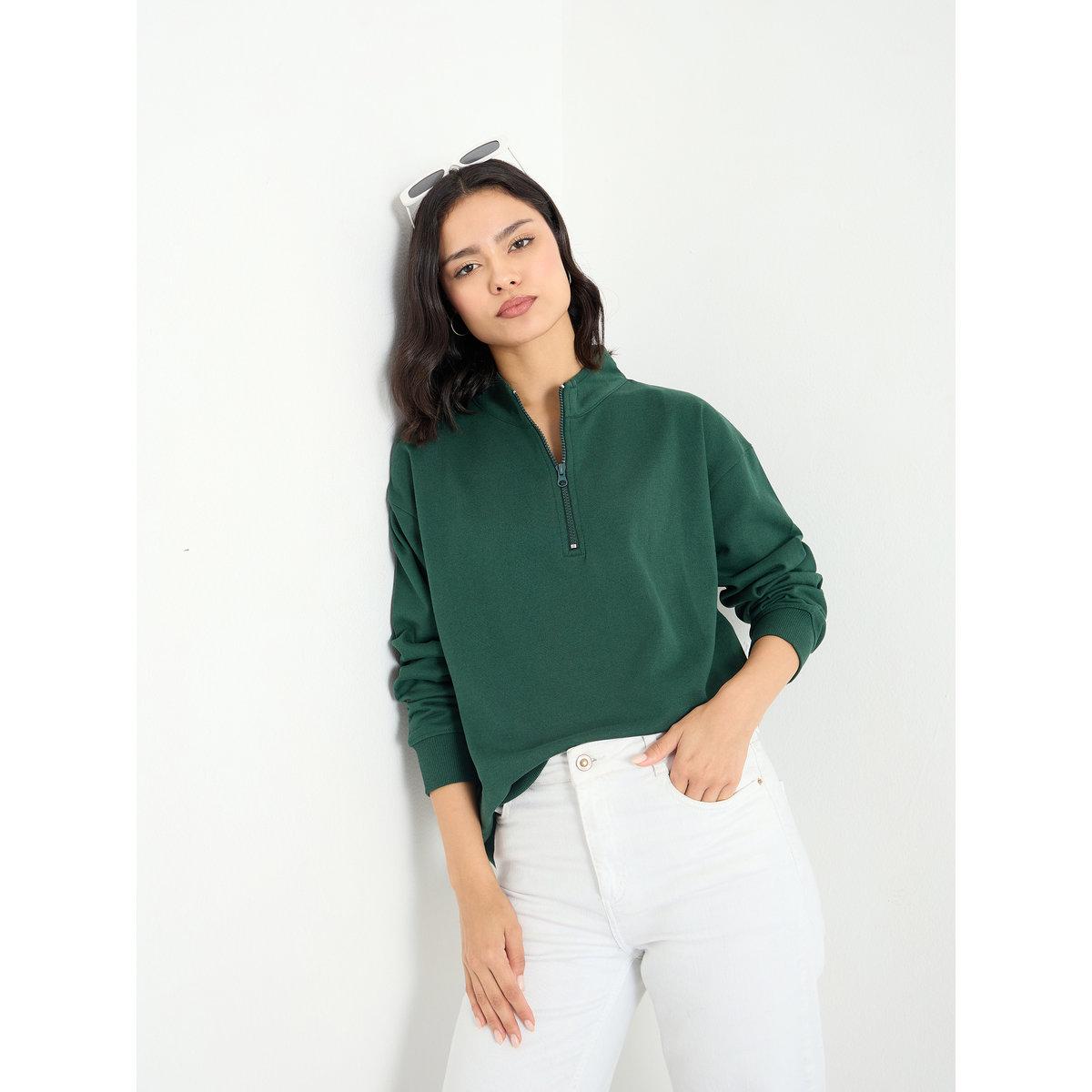 Styli Solid Regular Fit Half Zip Sweatshirt-women-winterwear-hoodiesandsweatshirts-hoodies-image-1