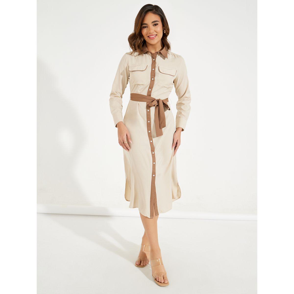 Styli Elevate Contrast Trim Buttoned Shirt Midi Dress with Tie Belt-women-clothing-dresses-image-1