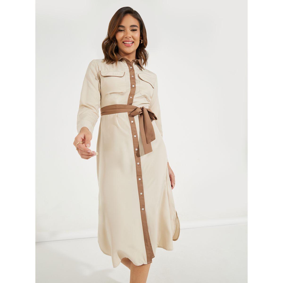 Styli Elevate Contrast Trim Buttoned Shirt Midi Dress with Tie Belt-women-clothing-dresses-image-2