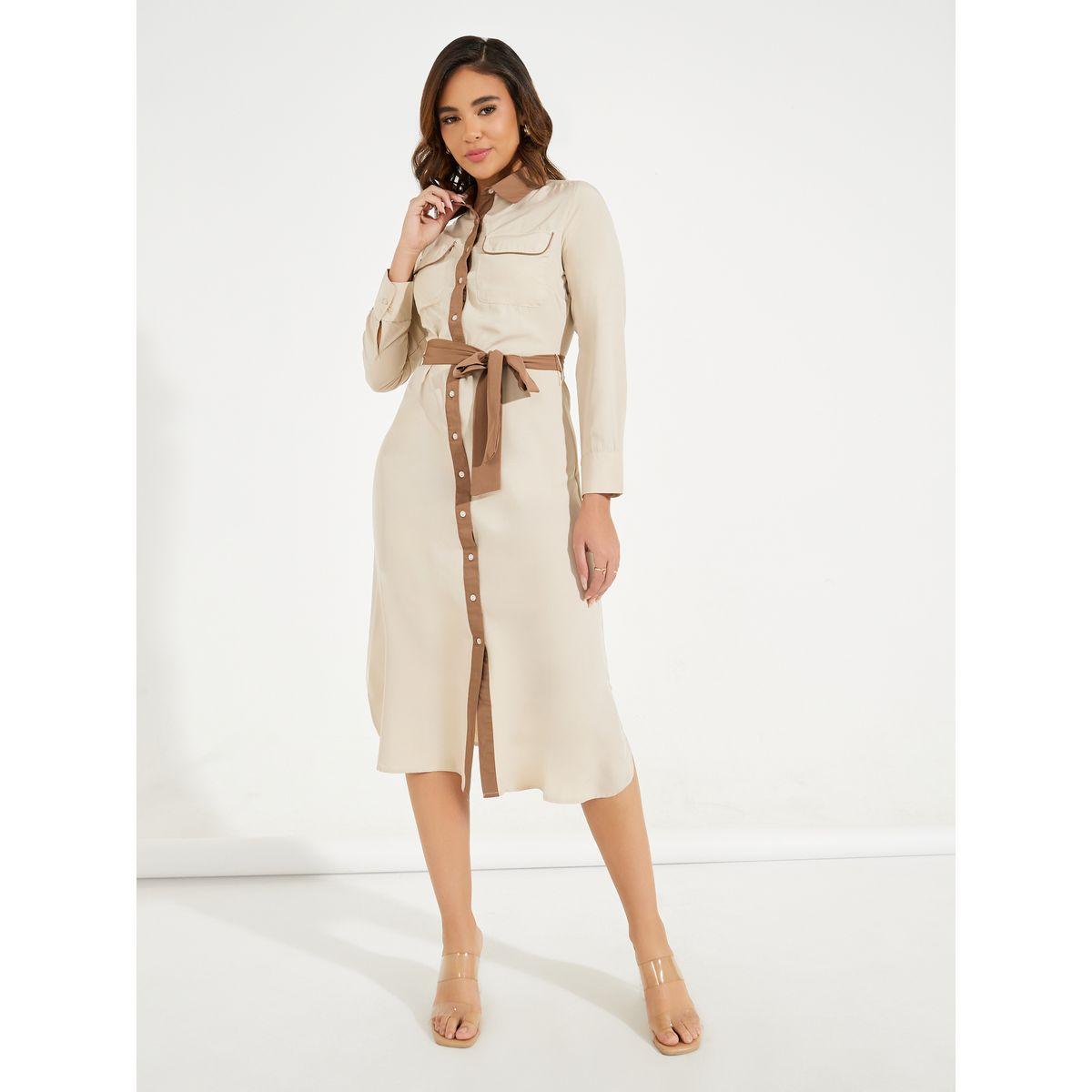Styli Elevate Contrast Trim Buttoned Shirt Midi Dress with Tie Belt-women-clothing-dresses-image-4