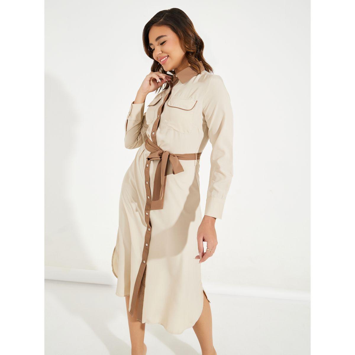 Styli Elevate Contrast Trim Buttoned Shirt Midi Dress with Tie Belt-women-clothing-dresses-image-5