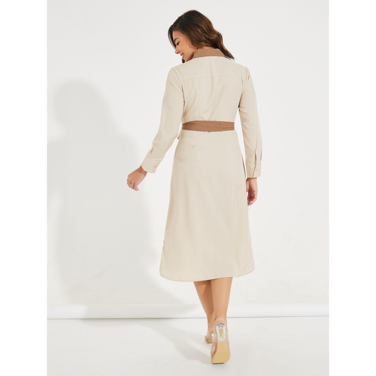 Styli Elevate Contrast Trim Buttoned Shirt Midi Dress with Tie Belt-women-clothing-dresses-image-6