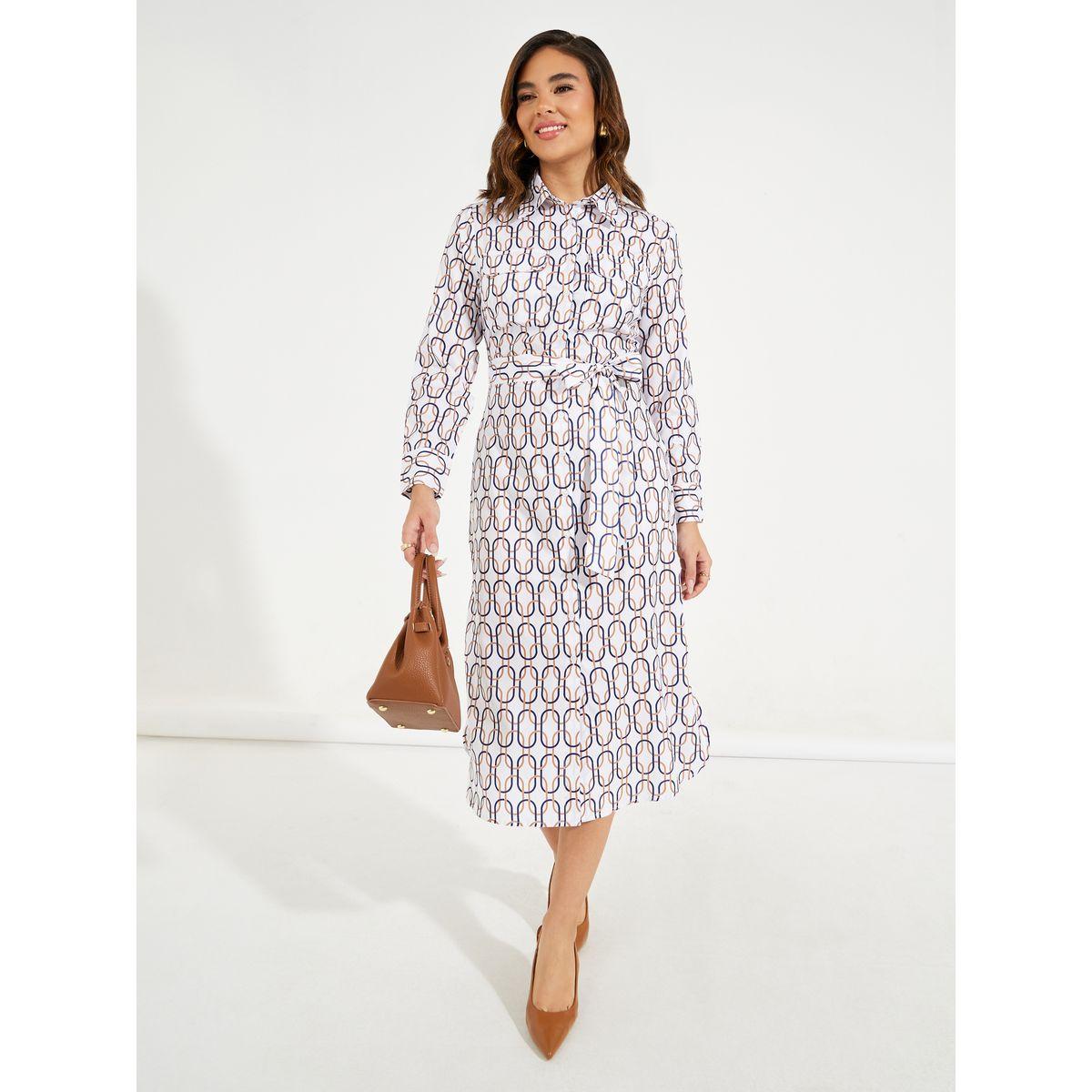 Styli Elevate All Over Print Shirt Midi Dress with Tie Belt-women-clothing-dresses-image-4