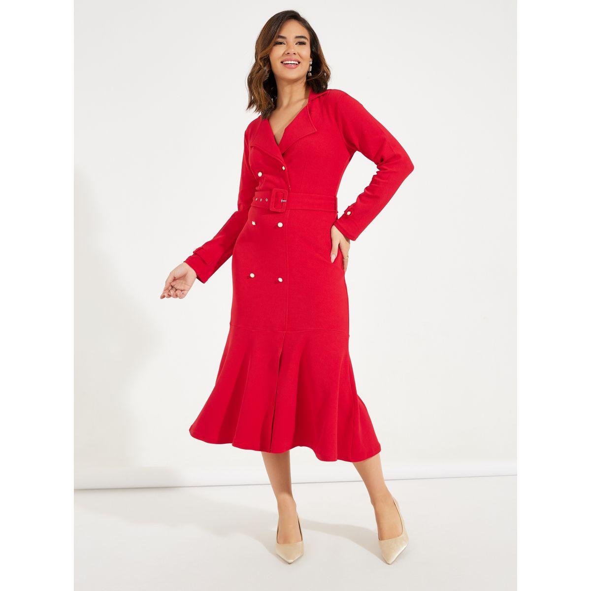 فستان ميدي سادة مزين بازرار مع حزام خصر-women-clothing-dresses-image-4