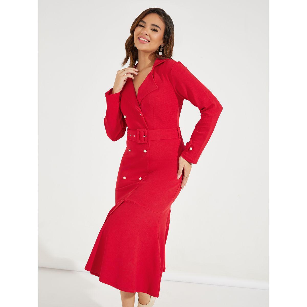 Styli Elevate Solid Button Detail Belted Blazer Midi Dress-women-clothing-dresses-image-5
