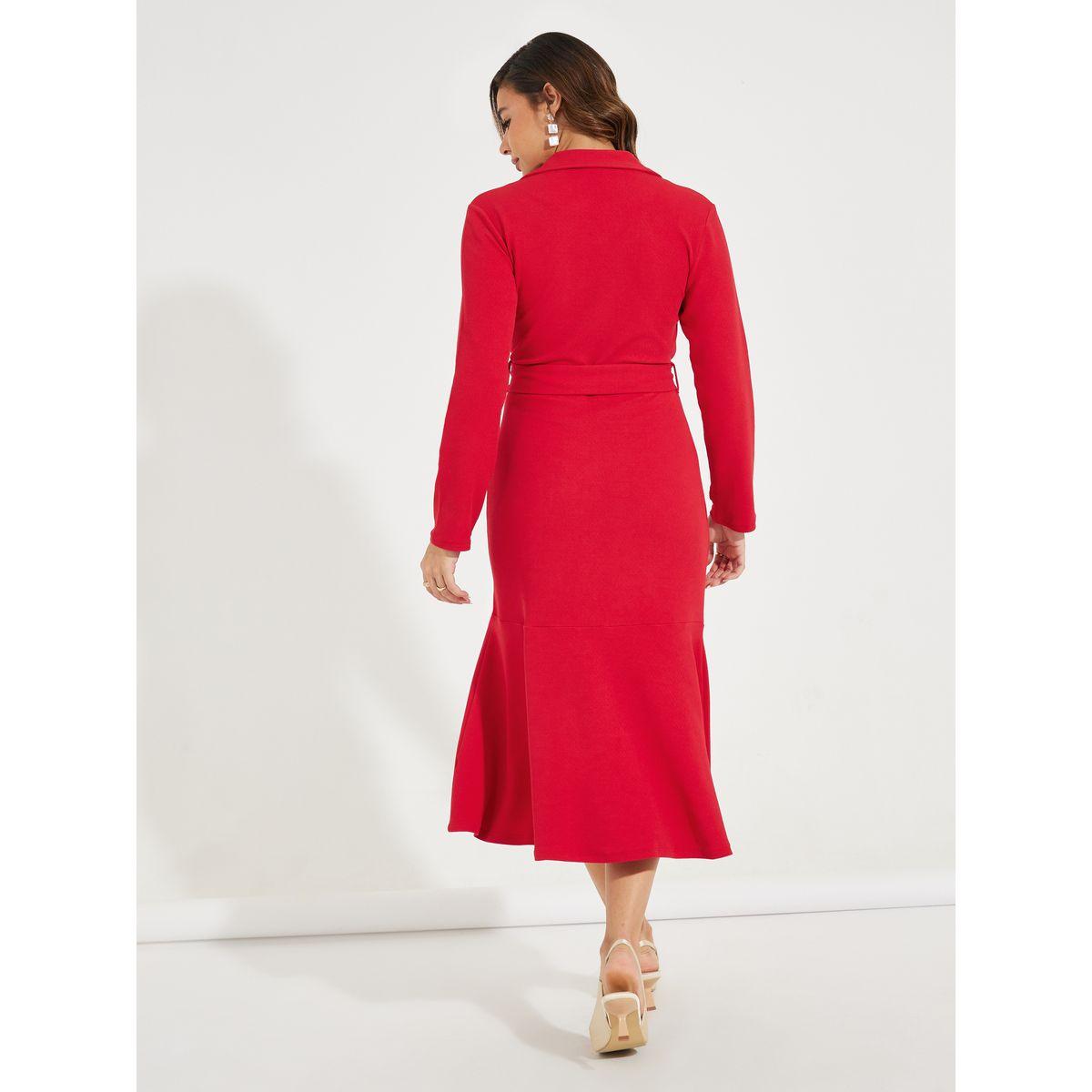 فستان ميدي سادة مزين بازرار مع حزام خصر-women-clothing-dresses-image-6
