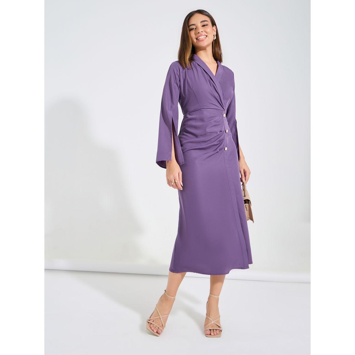 Styli Elevate Solid Button Detail Sheath Slit Dress with Long Slit Sleeve-women-clothing-dresses-image-1