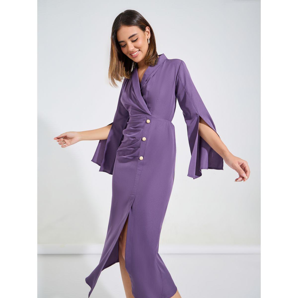 فستان ميدي مزين بازرار مع شق امامي-women-clothing-dresses-image-2