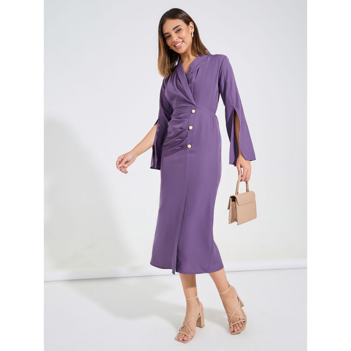 Styli Elevate Solid Button Detail Sheath Slit Dress with Long Slit Sleeve-women-clothing-dresses-image-4
