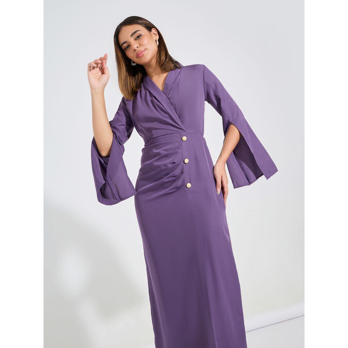 Styli Elevate Solid Button Detail Sheath Slit Dress with Long Slit Sleeve-women-clothing-dresses-image-5
