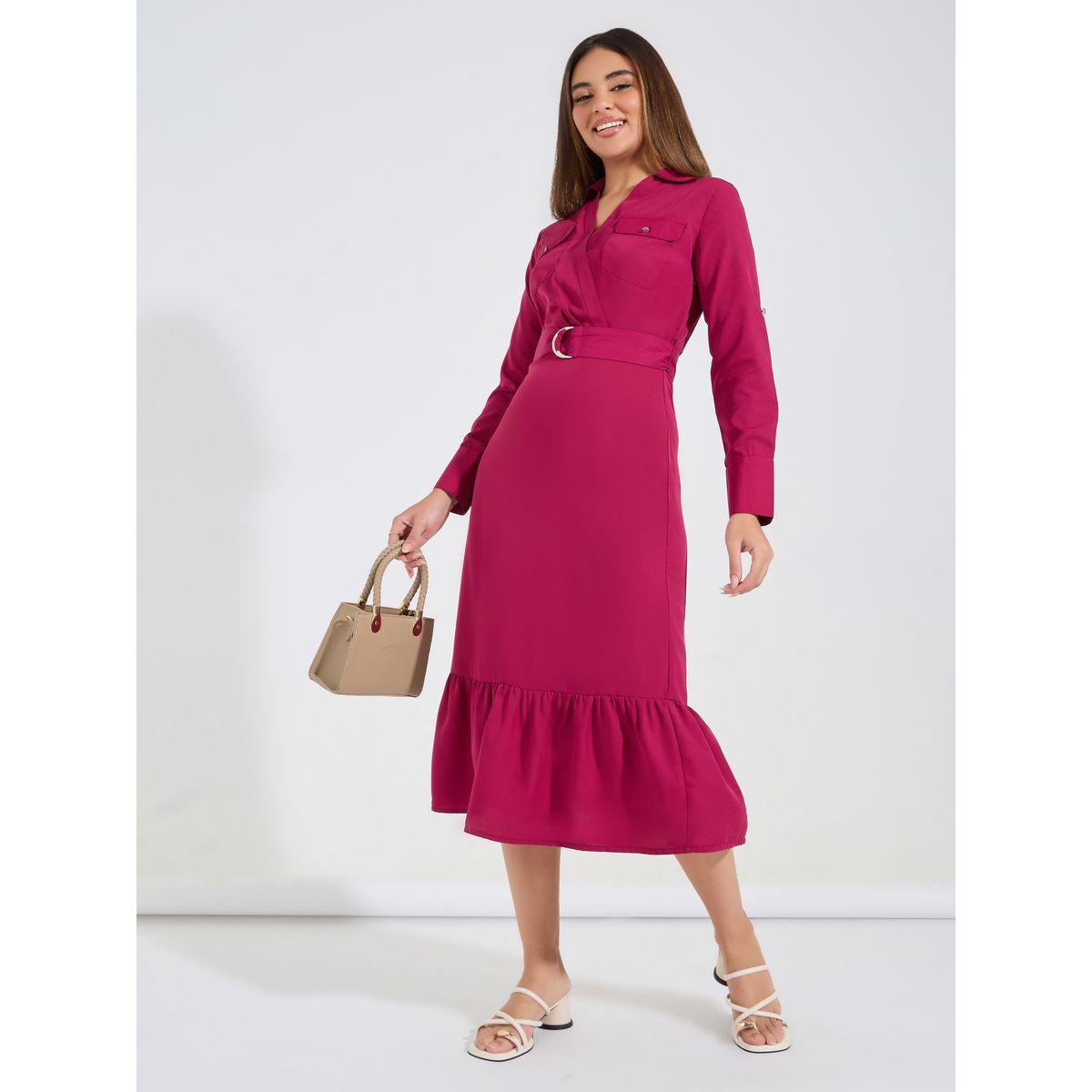 Styli Elevate Solid Fit & Flare Midi Dress with Pocket & Belt Detail-women-clothing-dresses-image-1