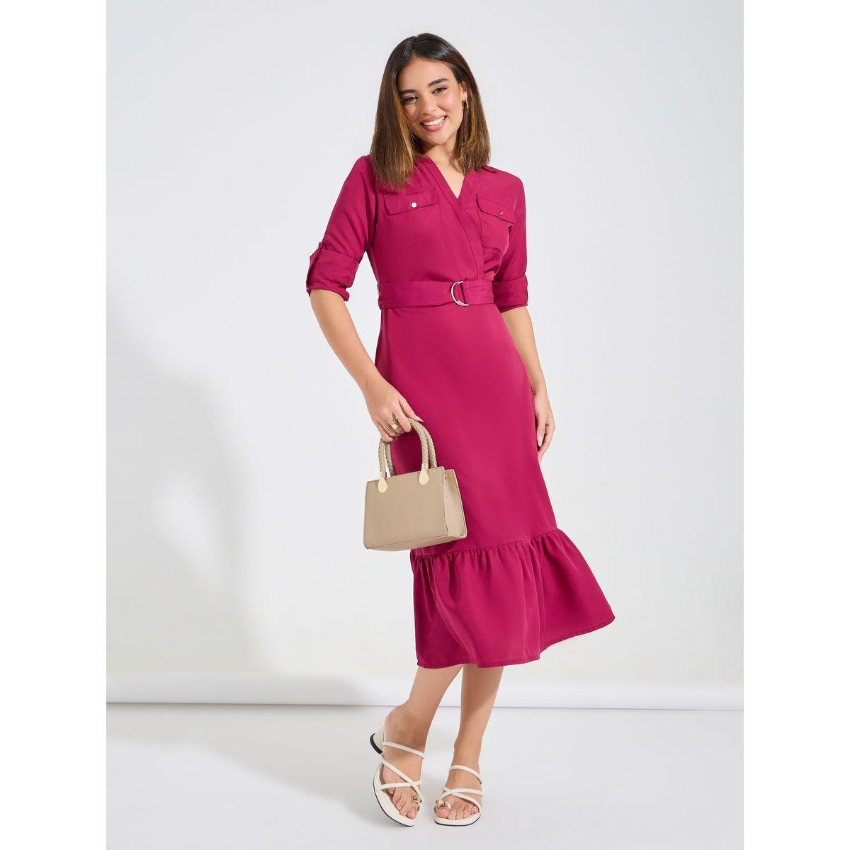 Styli Elevate Solid Fit & Flare Midi Dress with Pocket & Belt Detail-women-clothing-dresses-image-2