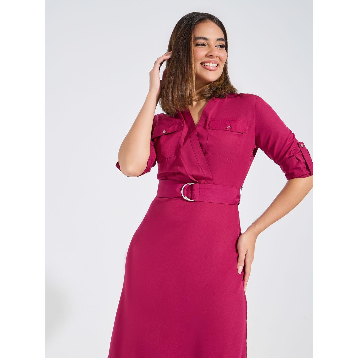 Styli Elevate Solid Fit & Flare Midi Dress with Pocket & Belt Detail-women-clothing-dresses-image-3