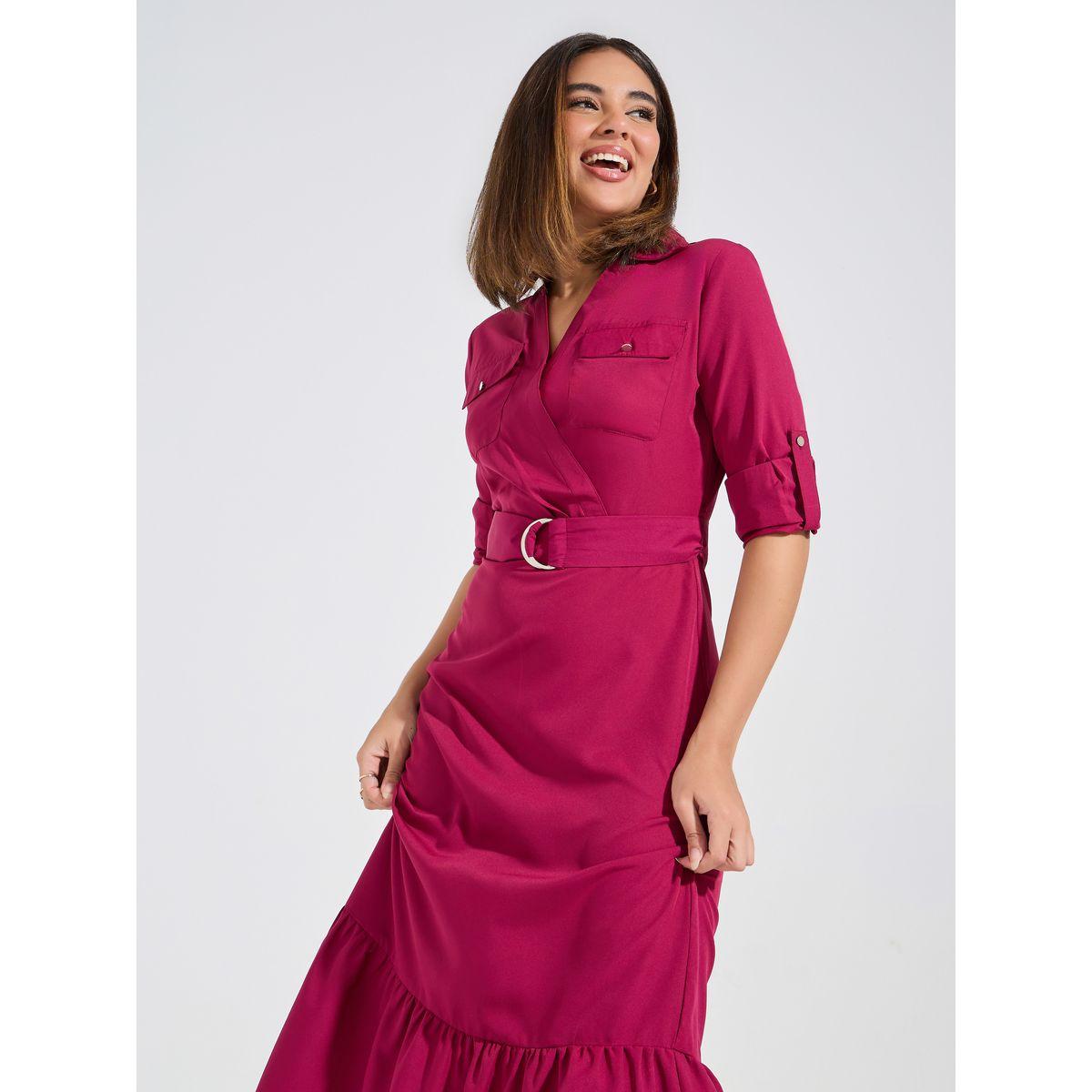 Styli Elevate Solid Fit & Flare Midi Dress with Pocket & Belt Detail-women-clothing-dresses-image-5