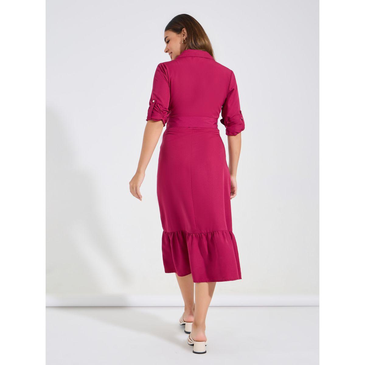Styli Elevate Solid Fit & Flare Midi Dress with Pocket & Belt Detail-women-clothing-dresses-image-6