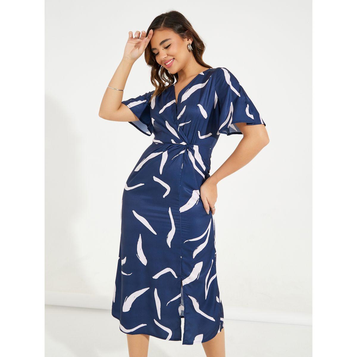 فستان ميدي بنمط لف مع أكمام فلوت-women-clothing-dresses-image-2