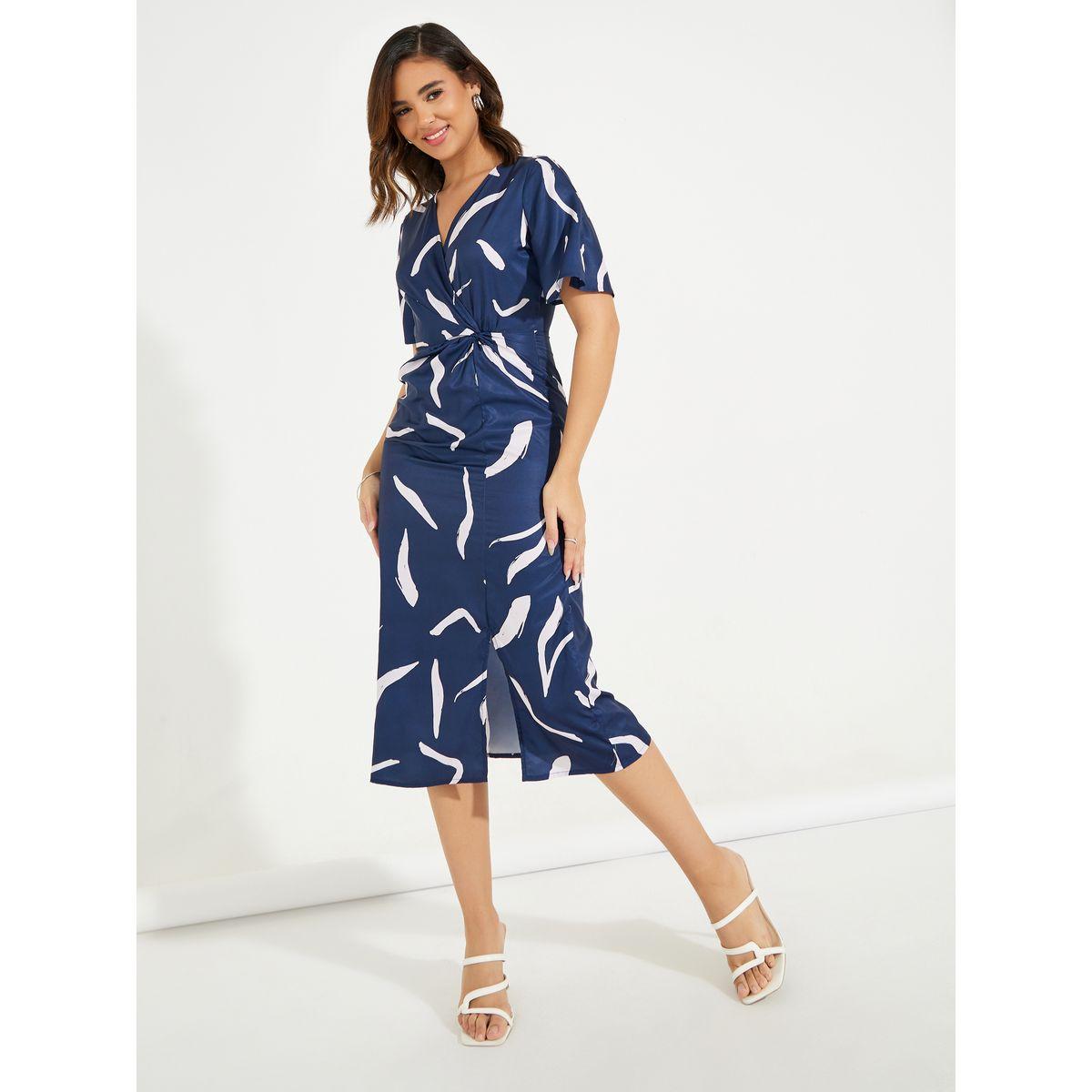 Styli Elevate Printed Mock Wrap Midi Dress with Flute Sleeve-women-clothing-dresses-image-4