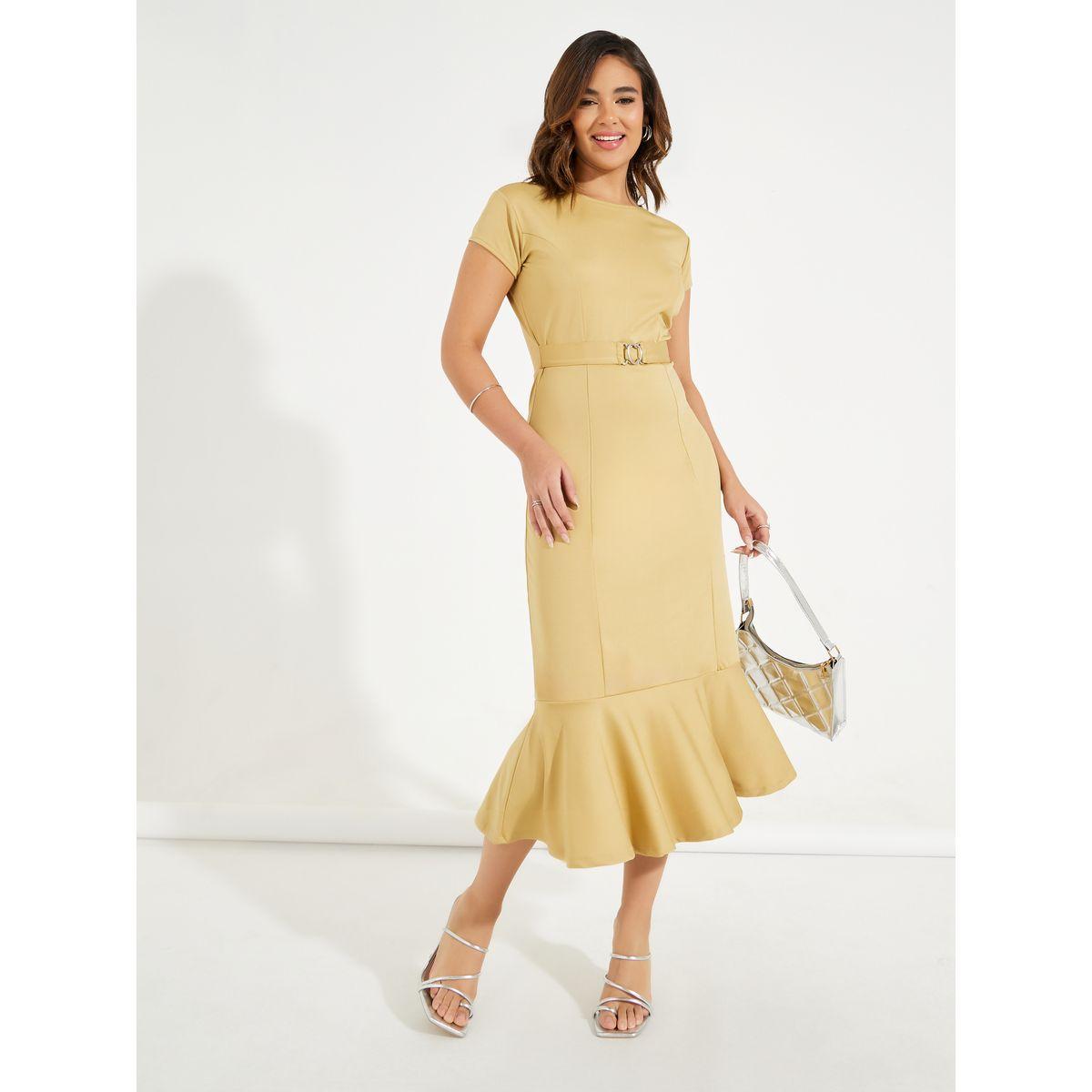فستان ميدي محبوك بحزام خصر وحافة كشكش-women-clothing-dresses-image-1