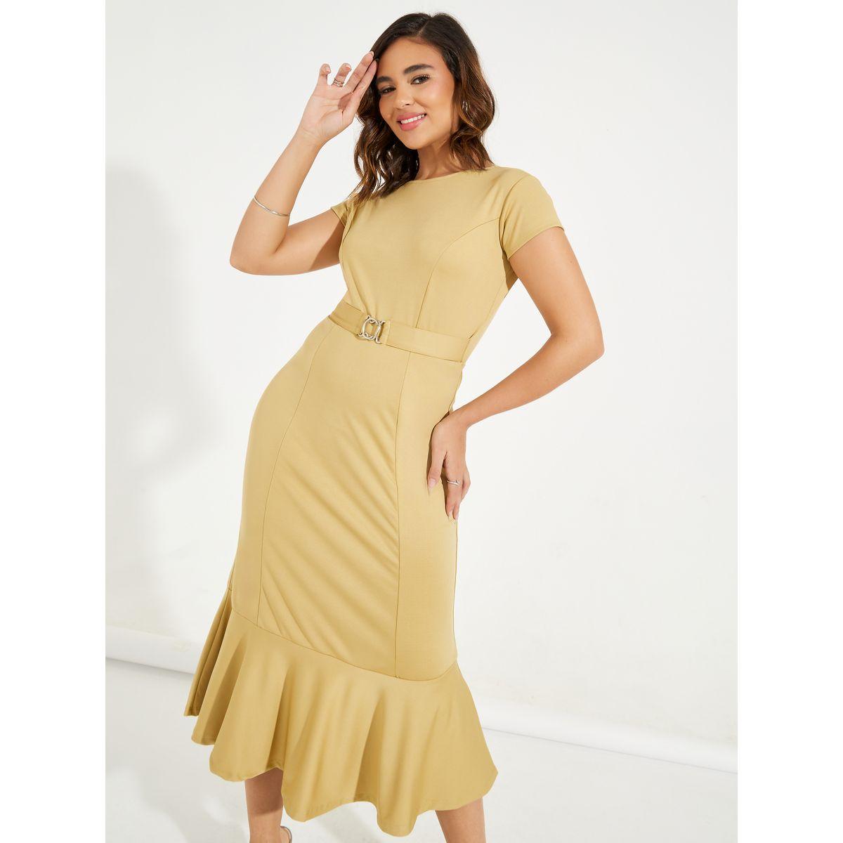 فستان ميدي محبوك بحزام خصر وحافة كشكش-women-clothing-dresses-image-2