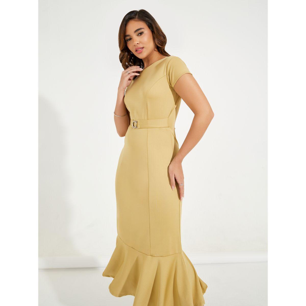 فستان ميدي محبوك بحزام خصر وحافة كشكش-women-clothing-dresses-image-4