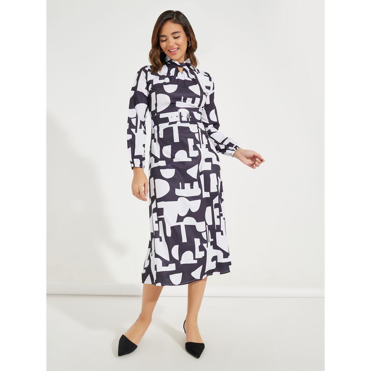 Styli Elevate Twisted Keyhole Neck Belted Midi Dress-women-clothing-dresses-image-1