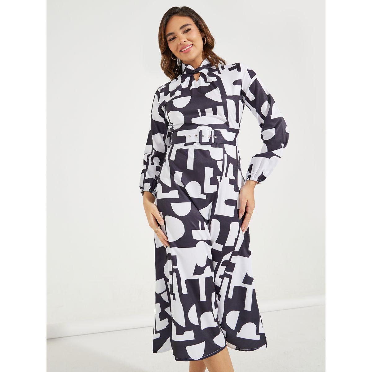 فستان ميدي مع ياقة بشق وحزام خصر-women-clothing-dresses-image-2