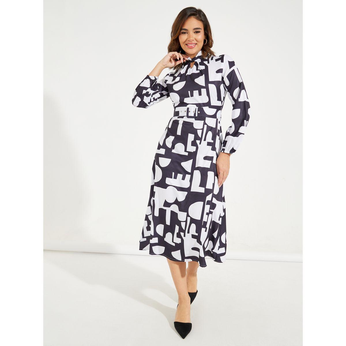فستان ميدي مع ياقة بشق وحزام خصر-women-clothing-dresses-image-4