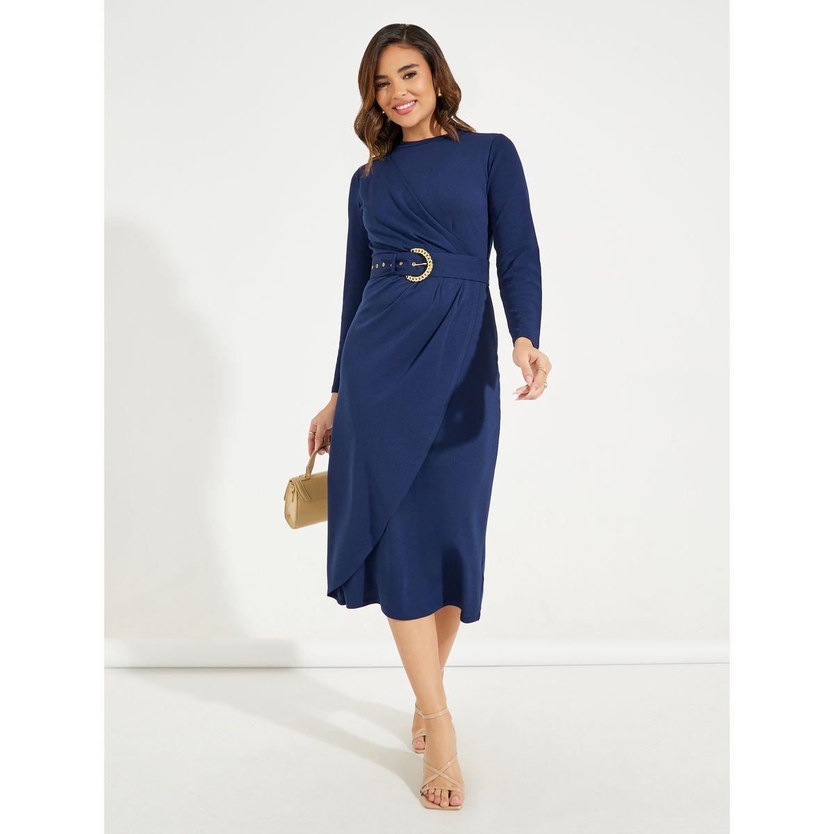 Styli Elevate High Neck Wrap Front Belted Midi Dress-women-clothing-dresses-image-1