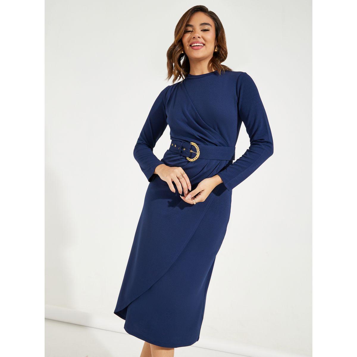 Styli Elevate High Neck Wrap Front Belted Midi Dress-women-clothing-dresses-image-2