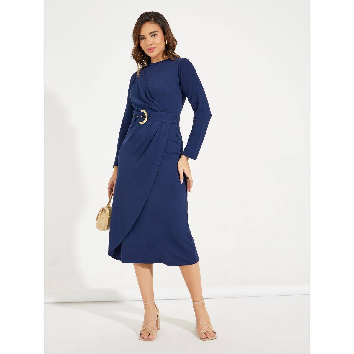 فستان ميدي بنمط لف وياقة عالية مع حزام-women-clothing-dresses-image-4