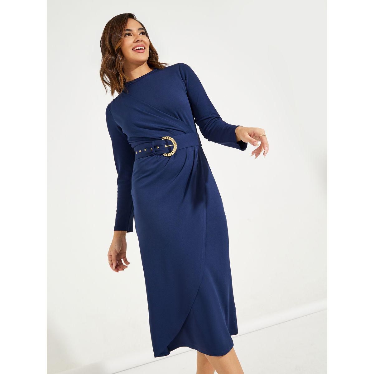 فستان ميدي بنمط لف وياقة عالية مع حزام-women-clothing-dresses-image-5