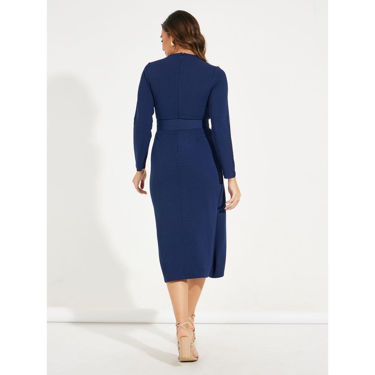 فستان ميدي بنمط لف وياقة عالية مع حزام-women-clothing-dresses-image-6