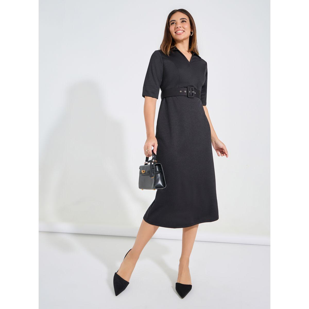 Styli Elevate Solid Sheath Midi Dress with Belt Detail-women-clothing-dresses-image-1