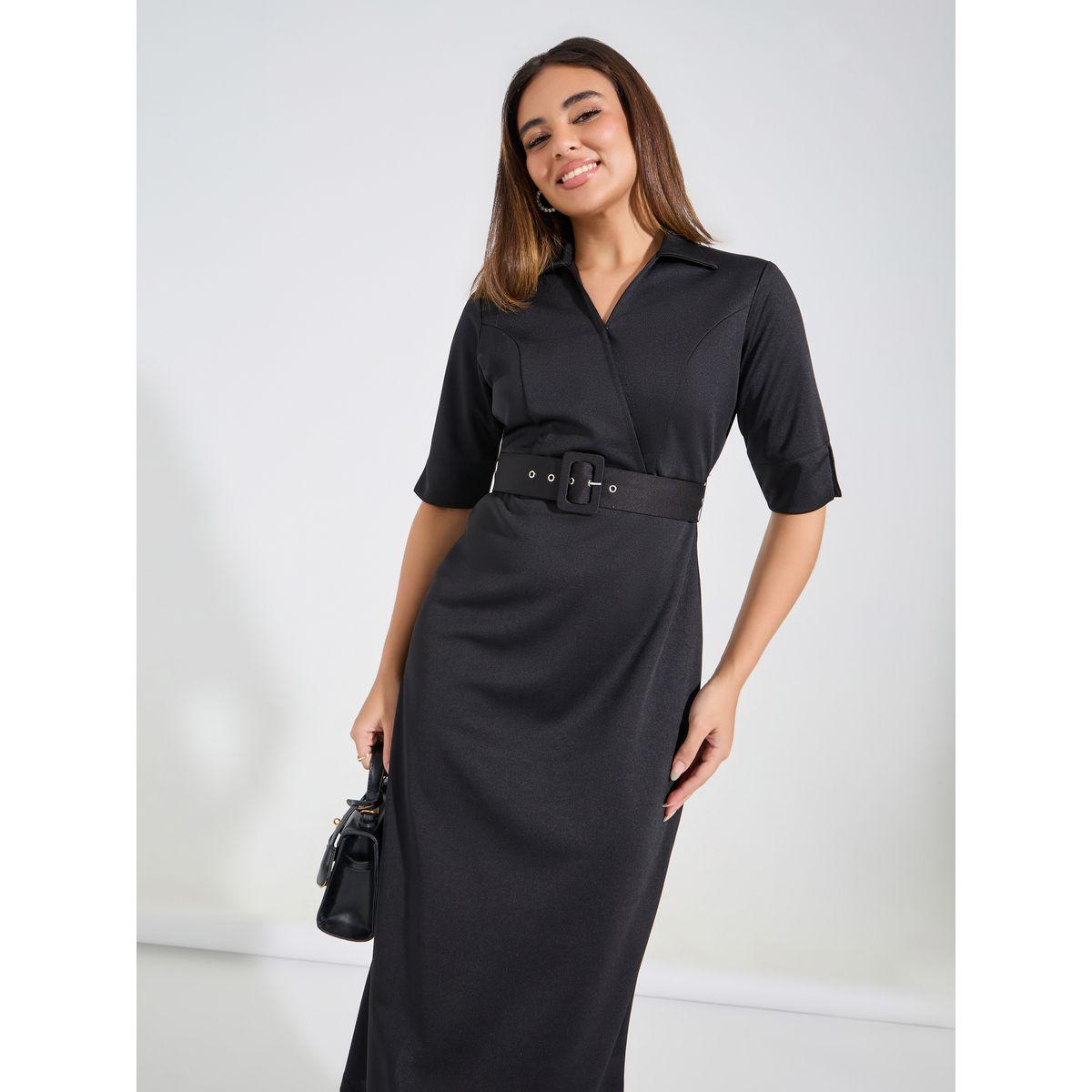 Styli Elevate Solid Sheath Midi Dress with Belt Detail-women-clothing-dresses-image-2