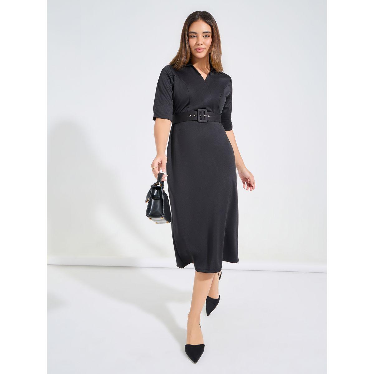 فستان ميدي سادة مزين برباط خصر-women-clothing-dresses-image-4