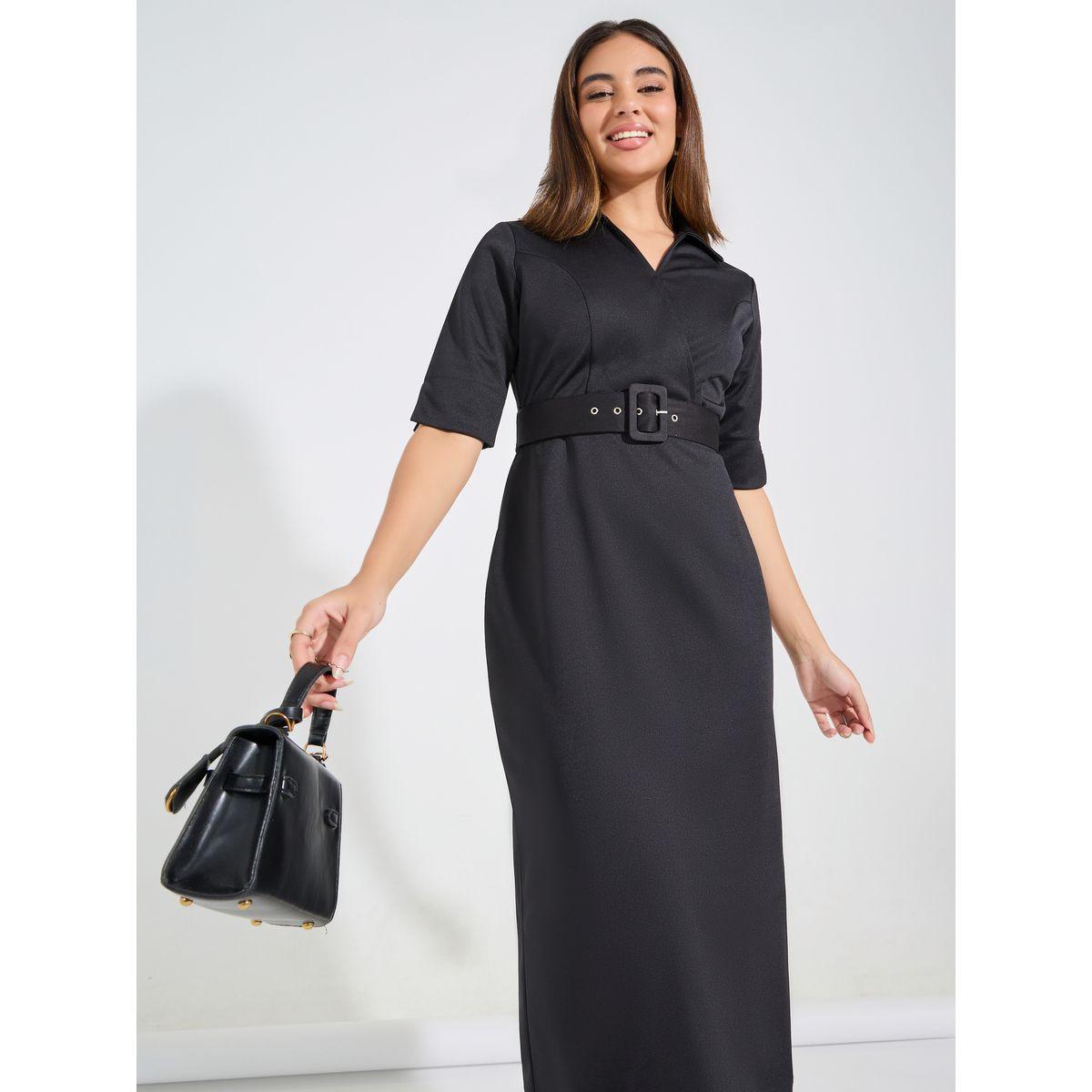فستان ميدي سادة مزين برباط خصر-women-clothing-dresses-image-5