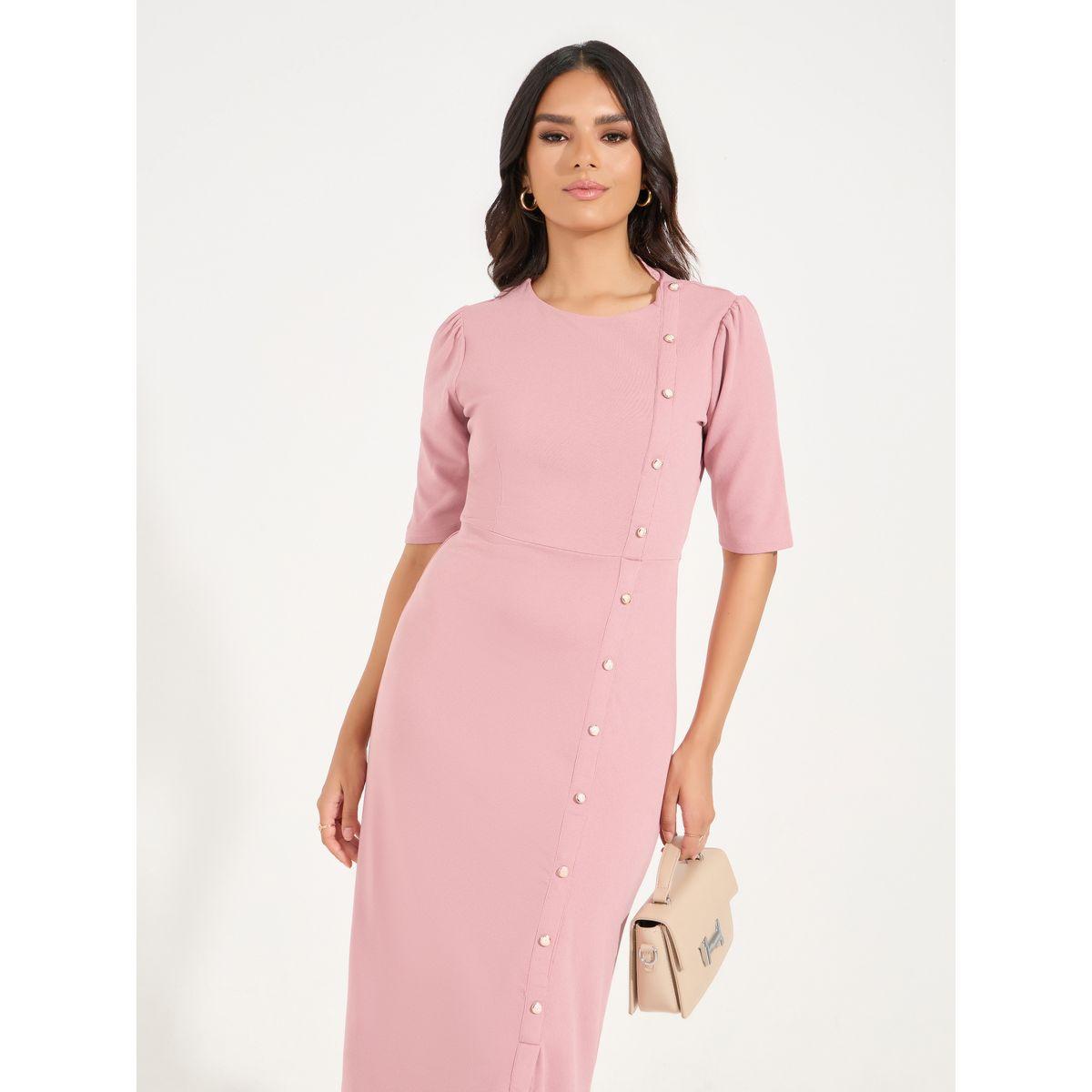 Styli Elevate Button Detail Sheath Midi Dress with Front Slit-women-clothing-dresses-image-2