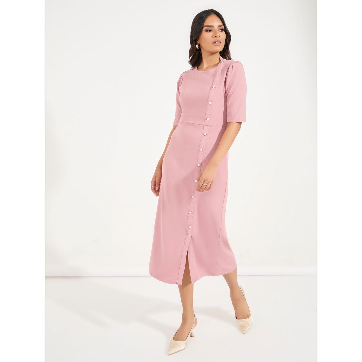 Styli Elevate Button Detail Sheath Midi Dress with Front Slit-women-clothing-dresses-image-4
