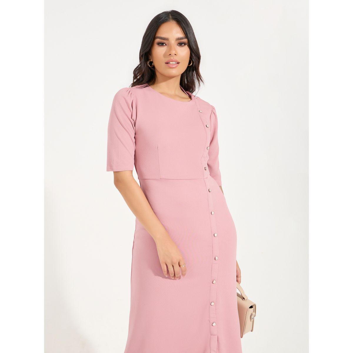 Styli Elevate Button Detail Sheath Midi Dress with Front Slit-women-clothing-dresses-image-5
