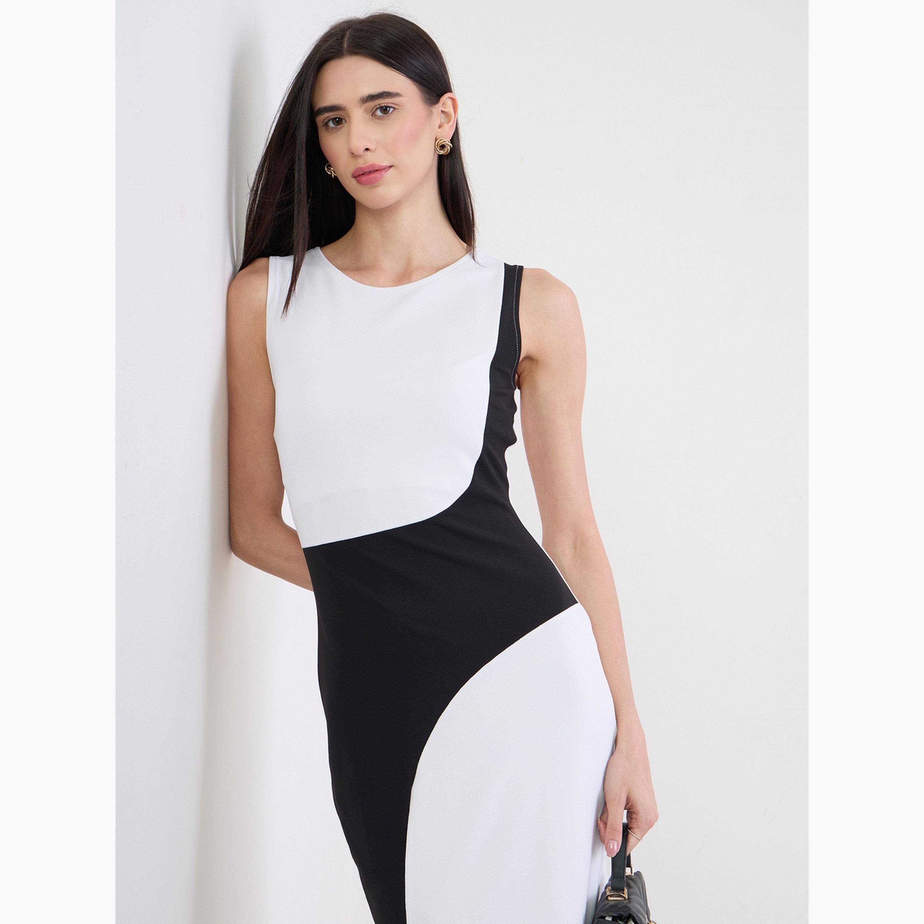 Styli White Color Block Sheath Midi Dress-women-clothing-dresses-image-2