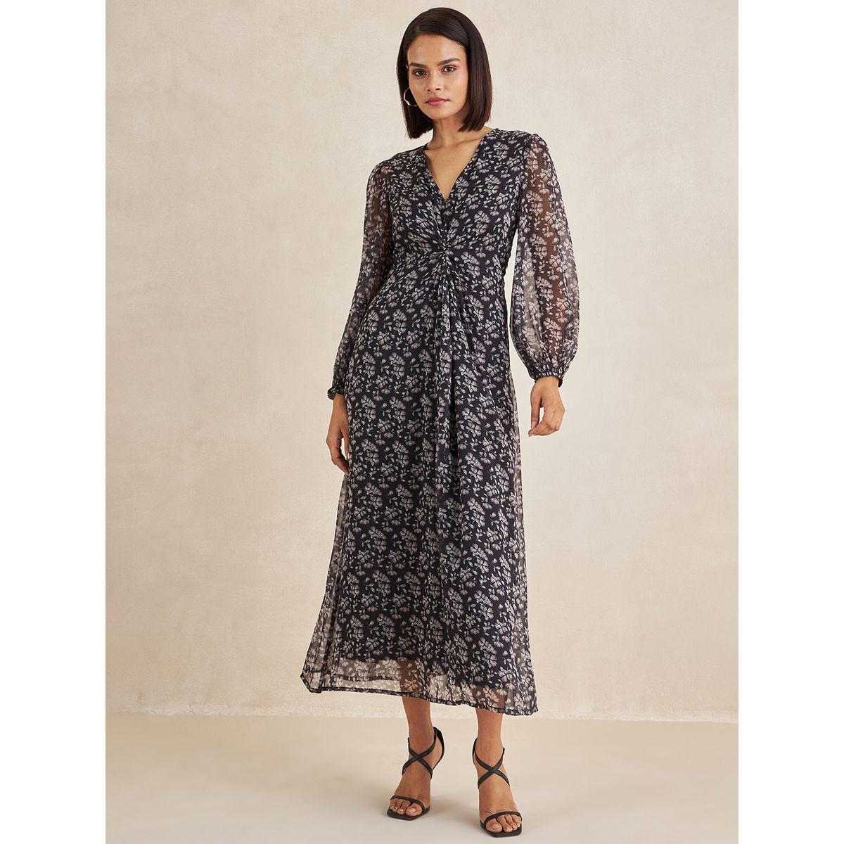 فستان ميدي مطبع بزهور ومزين بعقدة من الامام فِميلا × ستايلي-women-clothing-dresses-image-1