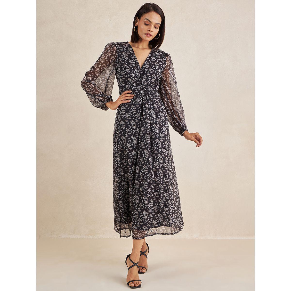 فستان ميدي مطبع بزهور ومزين بعقدة من الامام فِميلا × ستايلي-women-clothing-dresses-image-3