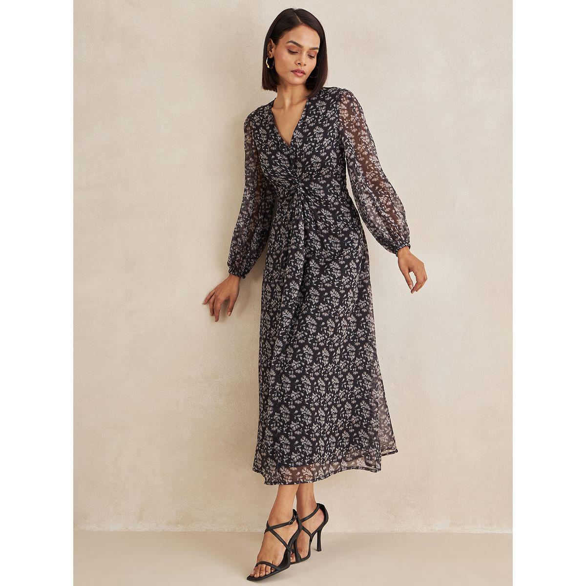 فستان ميدي مطبع بزهور ومزين بعقدة من الامام فِميلا × ستايلي-women-clothing-dresses-image-6