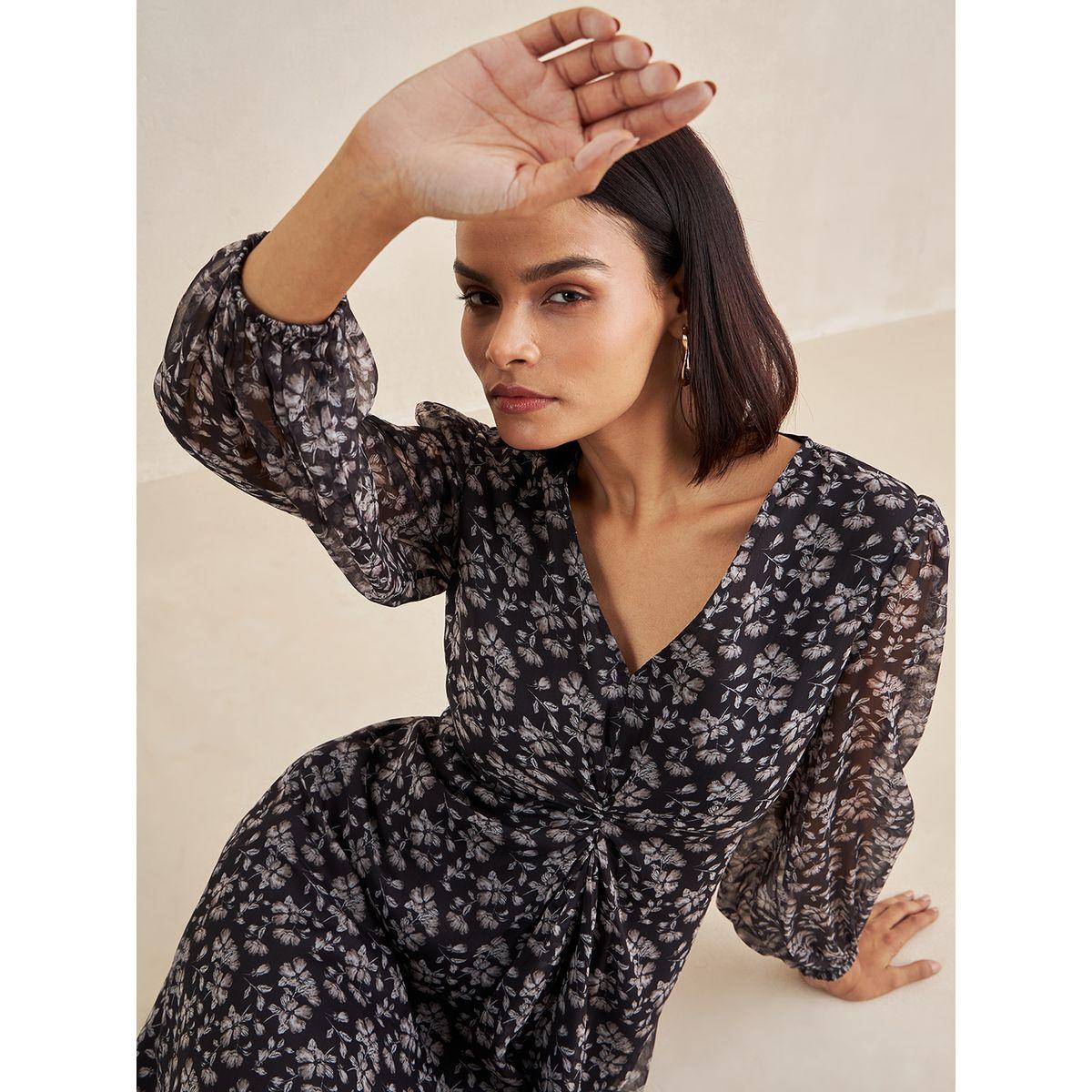 فستان ميدي مطبع بزهور ومزين بعقدة من الامام فِميلا × ستايلي-women-clothing-dresses-image-7