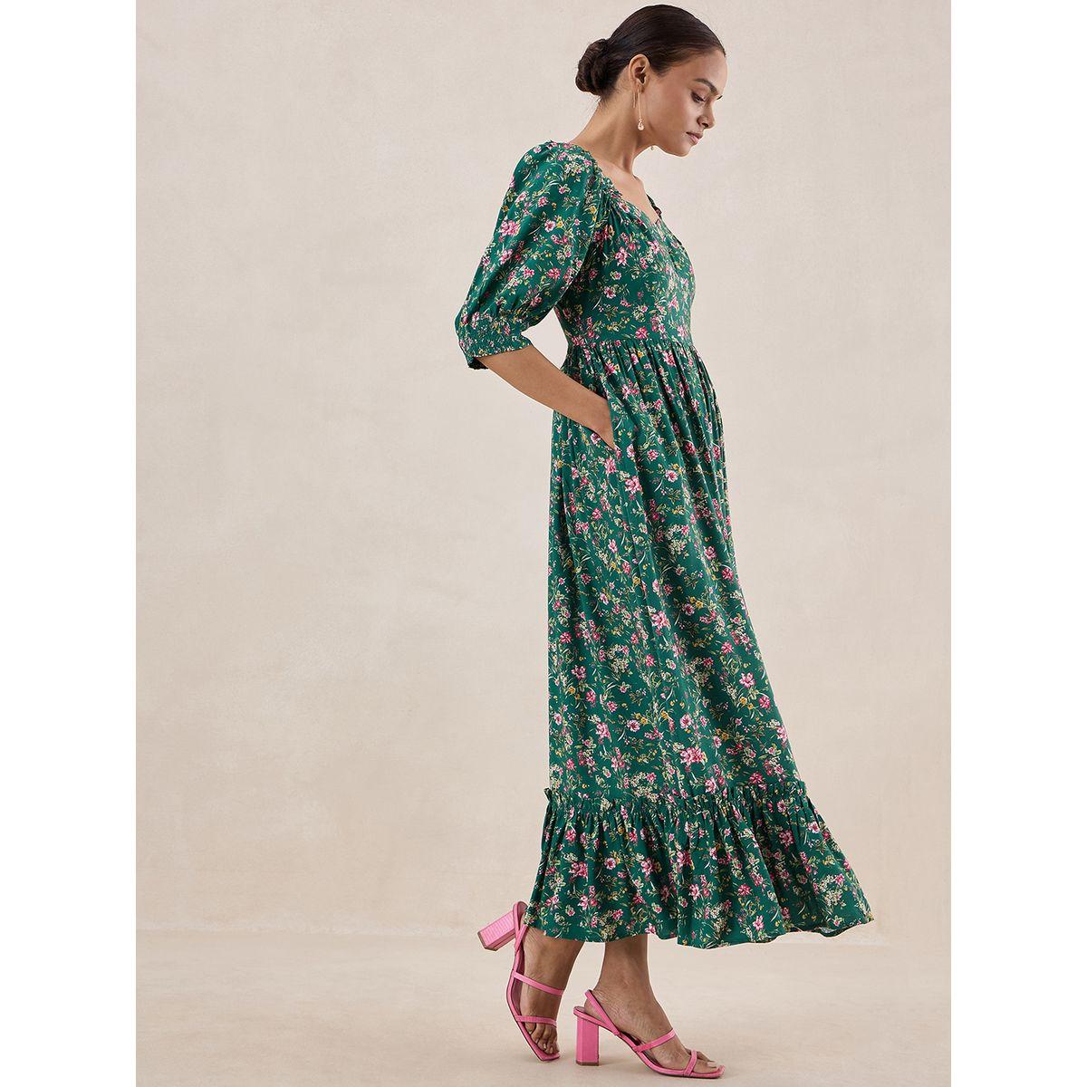 فستان طويل مطبع بزهور مع كسرات فِميلا × ستايلي-women-clothing-dresses-image-2