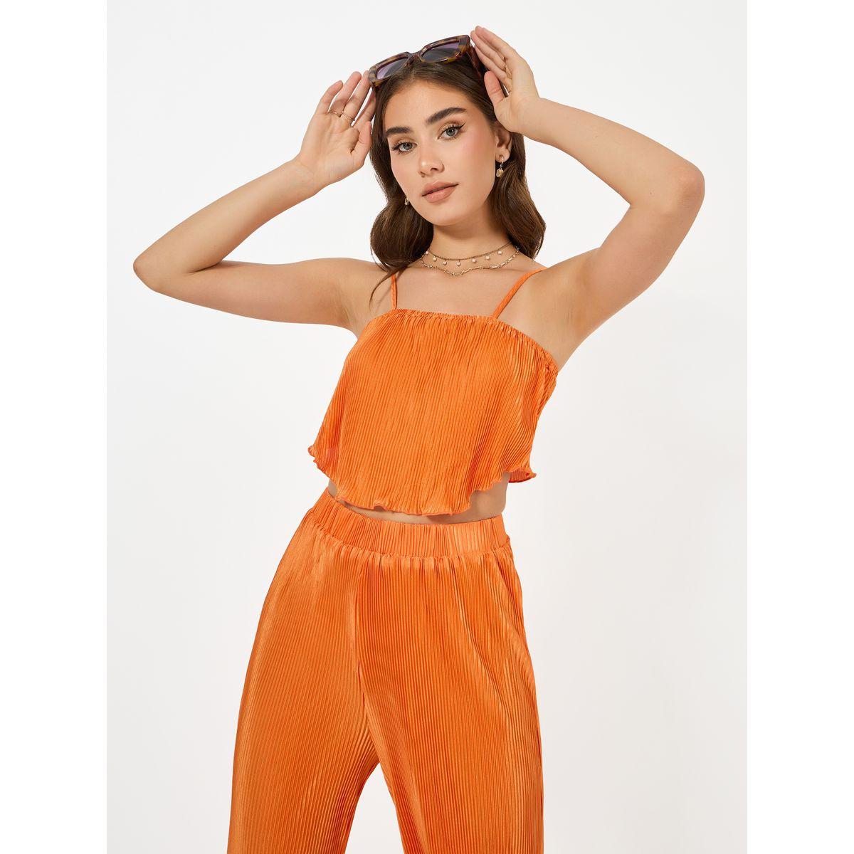 Colorful X Styli  Plisse Crop Cami & Straight Leg Pants Co-Ords-women-clothing-coordsets-image-3