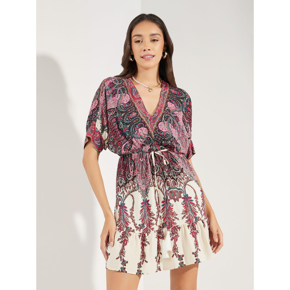 Colorful X Styli  Paisley Print Mini Dress with Tie Waist-women-clothing-dresses-image-2