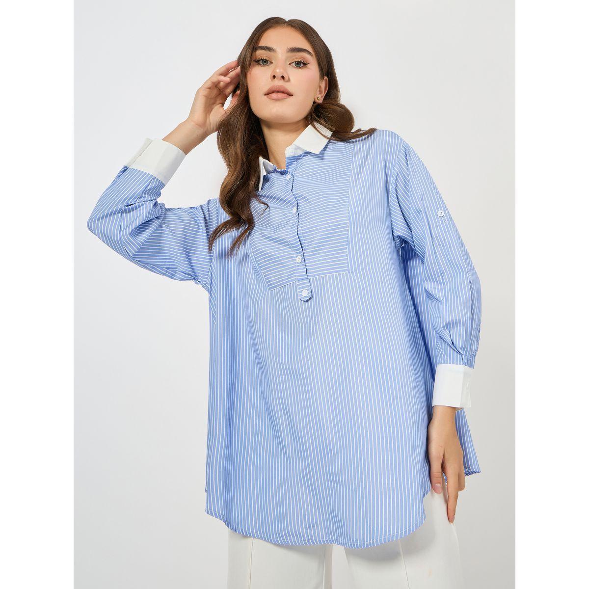 Colorful X Styli  Half Placket Striped Oversized Shirt-women-clothing-shirtsandblouses-shirts-image-1