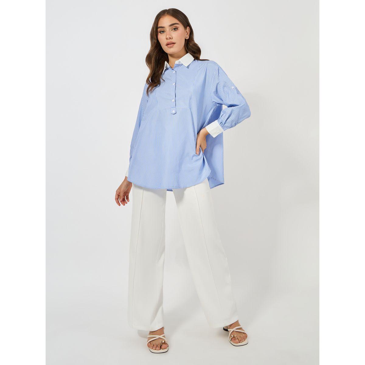 بلوزة فضفاضة مخططة بتفاصيل مُتباينة وازرار كولورفول × ستايلي-women-clothing-shirtsandblouses-shirts-image-2
